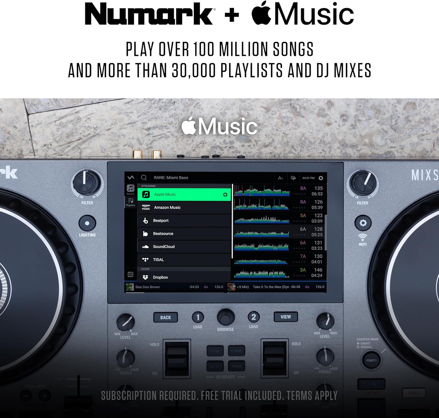 Numark Mixstream Pro Go Portable DJ Controller with Battery, Mixer with Stem Separation, Speakers, WiFi Streaming, Touchscreen, works with Serato DJ