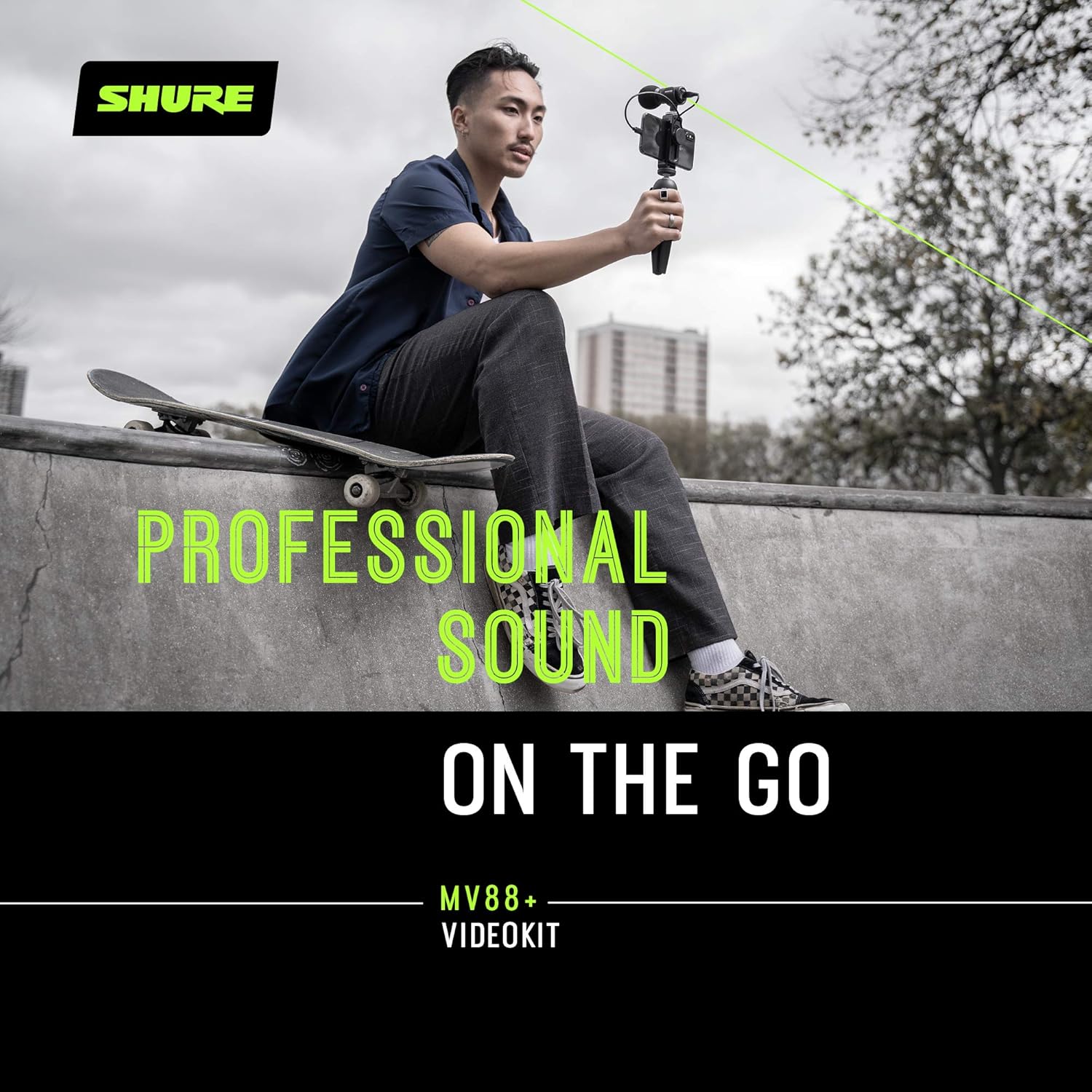 Shure MV88+ Video Kit Digital Stereo Condenser Microphone for iPhone, Android, Mac & PC – Portable Recording Mic with DSP Controls, Headphone Monitoring & Tripod, Black