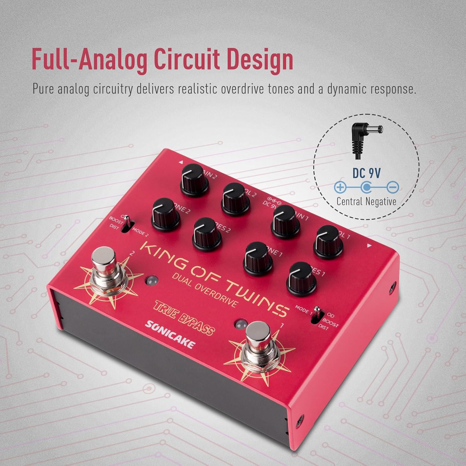 SONICAKE Overdrive Pedal, Dual Channel 3 Modes – Overdrive/Boost/Distortion Compact Effects Pedal for Bass Electric Guitar, Pure Analog Circuit, True Bypass – King of Twins QDS-08