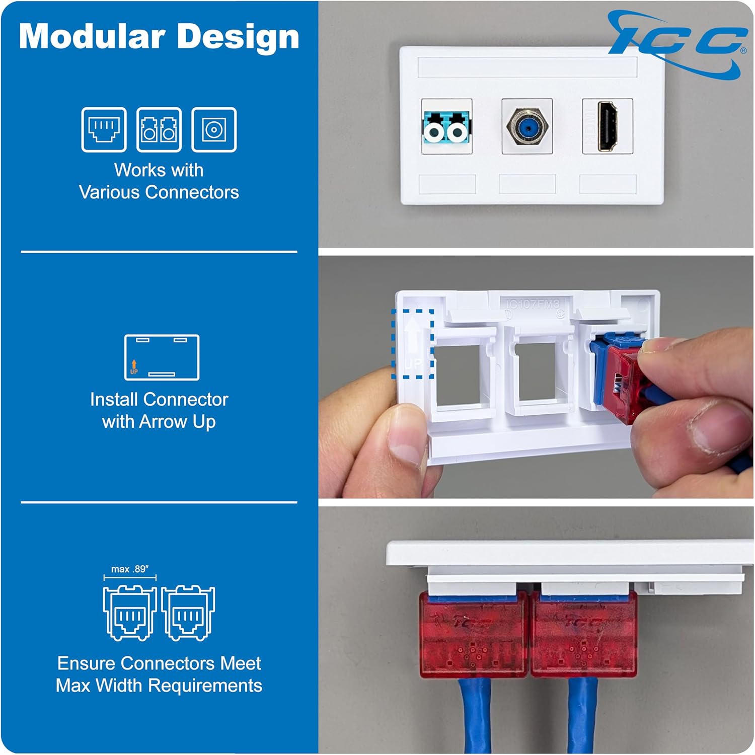 ICC Modular Furniture Faceplate with 3 Ports (10 Pack), TIA Cutout Compatible, 1-Piece Fixed Design, Keystone Jack Support, Black