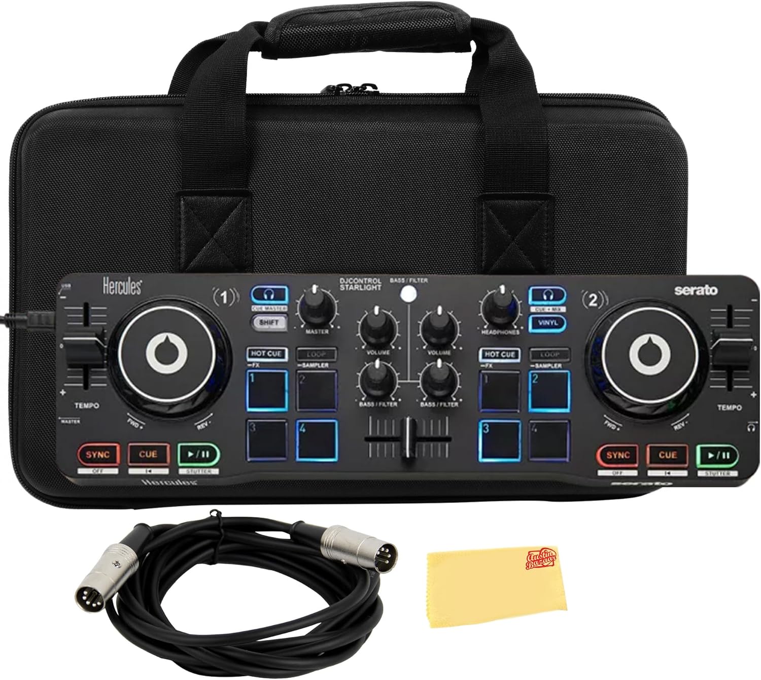 Hercules DJControl Starlight Ultra Portable Compact DJ Controller Bundle with Case, MIDI Cable, and Austin Bazaar Polishing Cloth