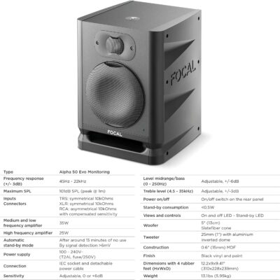 Focal Alpha 50 Evo – 5 Active 2-Way Studio Monitor, 60W RMS Bi-Amp, Slatefiber Woofer, 45Hz–22kHz, Neutral Nearfield Reference Speaker – Sold Individually