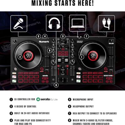81FlxocSc6L. AC SL1500 1781141759 5218 Numark Mixtrack Platinum FX Serato DJ Controller with Jog Wheel Displays, 4 Decks, Mixer, Effects Paddles and Audio Interface