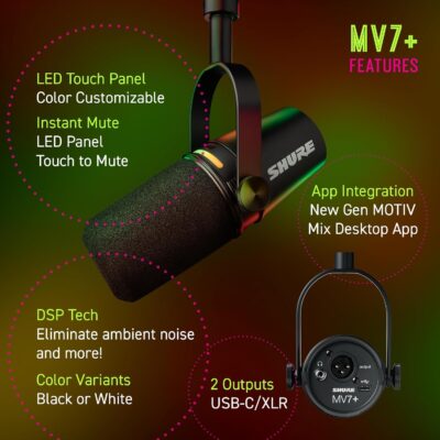 81GnFKUf8GL. AC SL1500 1781115523 5731 Shure MV7+ Dynamic Microphone – USB-C & XLR Podcast Mic for Streaming, Recording & Broadcasting, OBS Certified, Auto Level Mode, Digital Pop Filter, LED Panel, Black