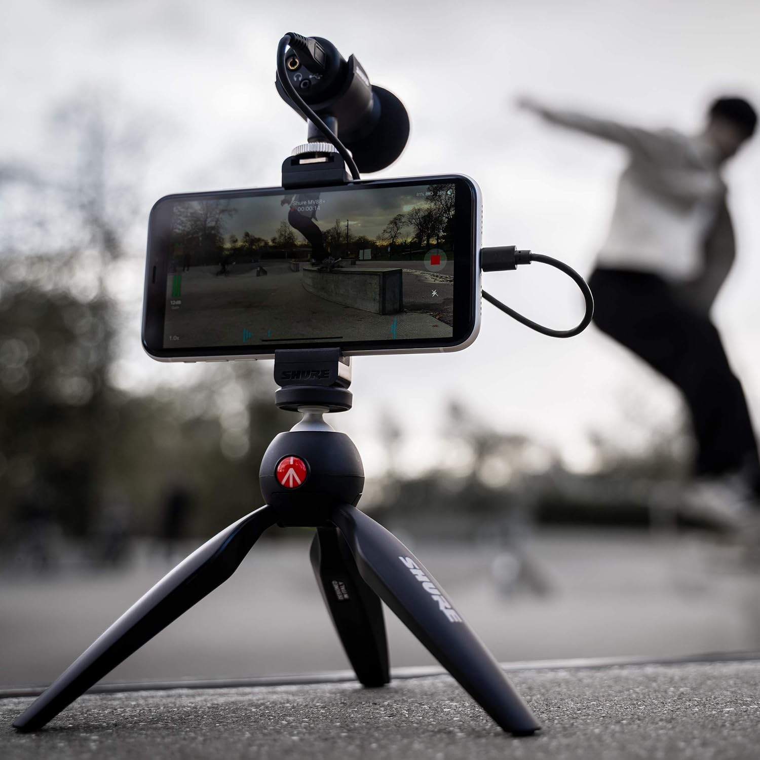 Shure MV88+ Video Kit Digital Stereo Condenser Microphone for iPhone, Android, Mac & PC – Portable Recording Mic with DSP Controls, Headphone Monitoring & Tripod, Black
