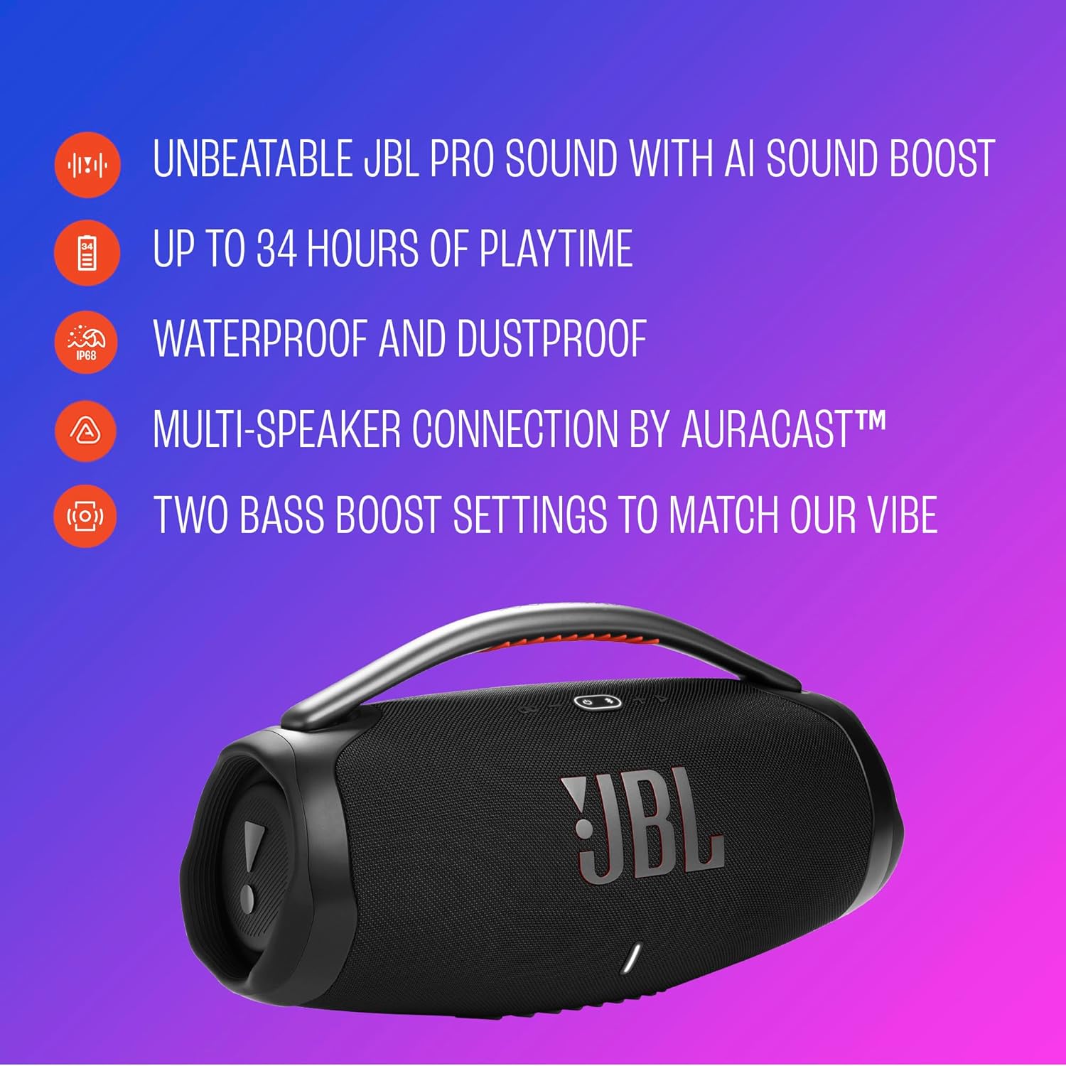 JBL Boombox 4 – Most Powerful Portable Waterproof Speaker with Massive Pro Sound, Up to 34 Hours of Playtime, & Multi-Speaker Connection by Auracast™ (Blue)