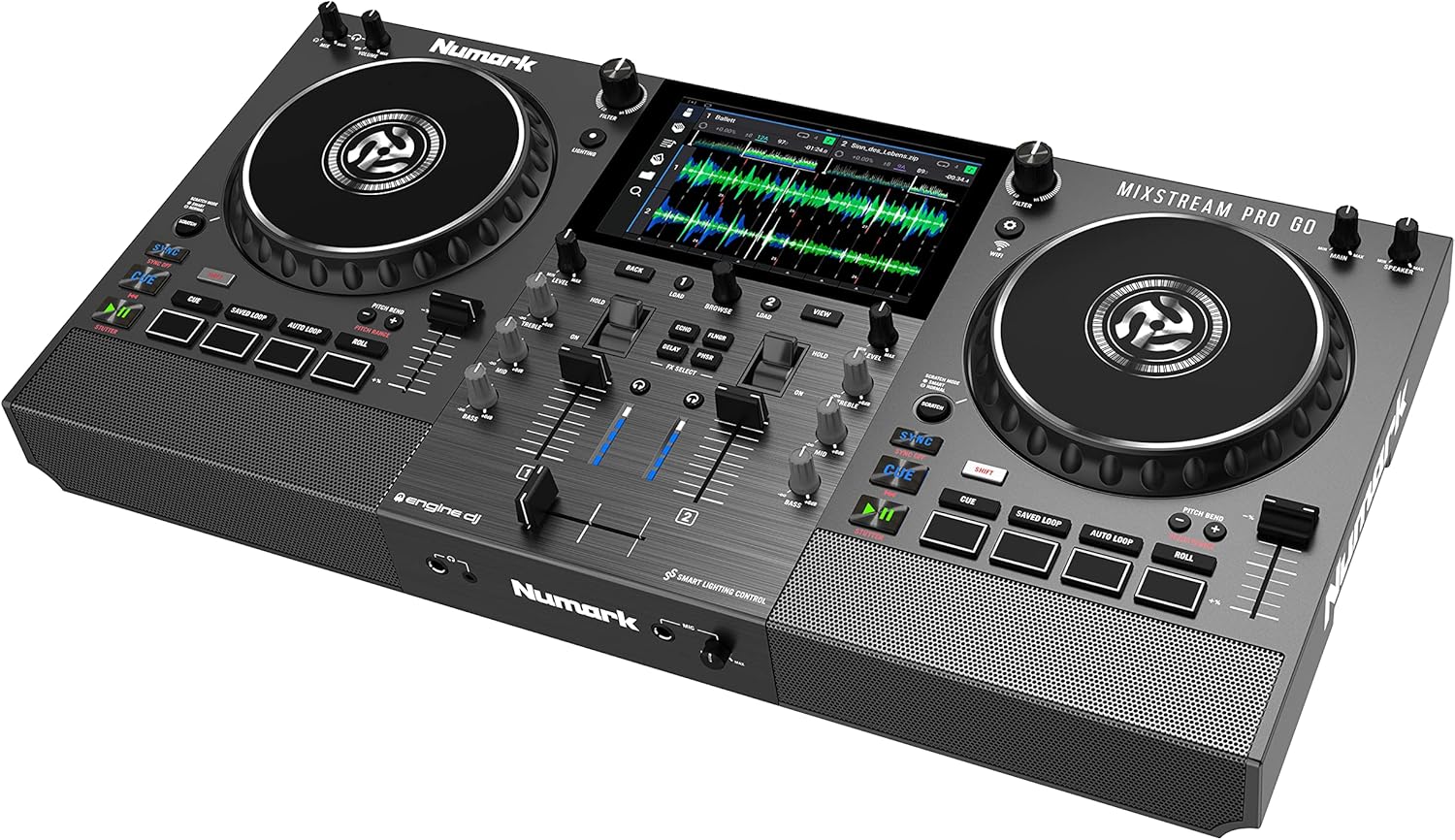 Numark Mixstream Pro Go Portable DJ Controller with Battery, Mixer with Stem Separation, Speakers, WiFi Streaming, Touchscreen, works with Serato DJ