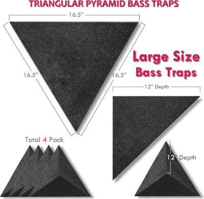 Foroomaco 4 Pack Bass Traps for Ceiling Corner 16.5 Triangle 12 Depth Triangular Pyramid Acoustic Foam Bass Trap Sound Proofing for Home Studio Booth Low to High Frequency Sound Absorption Foam