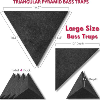 Foroomaco 4 Pack Bass Traps for Ceiling Corner 16.5 Triangle 12 Depth Triangular Pyramid Acoustic Foam Bass Trap Sound Proofing for Home Studio Booth Low to High Frequency Sound Absorption Foam
