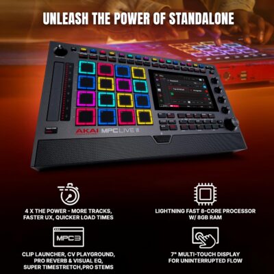 Akai Professional MPC Live III – Standalone Portable Music Production Center with MPCe Pads, Sequencer, Touchscreen, Mic, Stereo Monitors, Audio Interface, Wi-Fi, Bluetooth, Battery, Touchstrip
