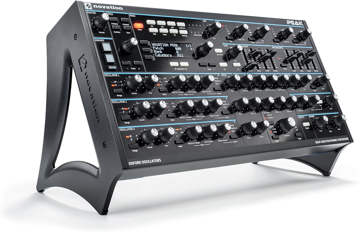 Novation Peak 8-Voice Desktop Polyphonic Synthesiser with 2 LFOs per voice, 16-slot modulation matrix, 3 analogue distortion points, and digital effects