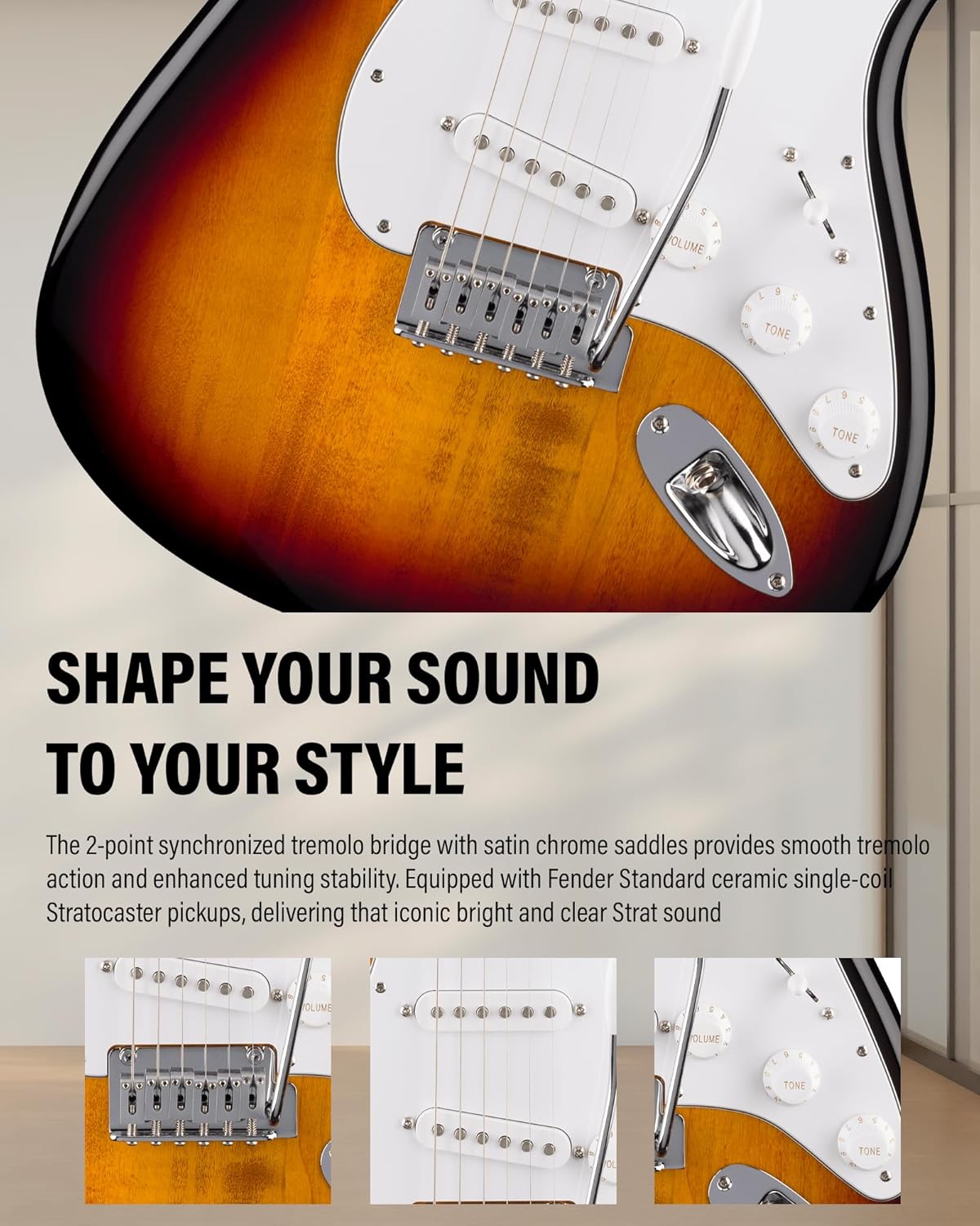 Fender Standard Stratocaster – 3-Color Sunburst Bundle with Strap, Guitar Cleaning Kit and Austin Bazaar Instructional Video