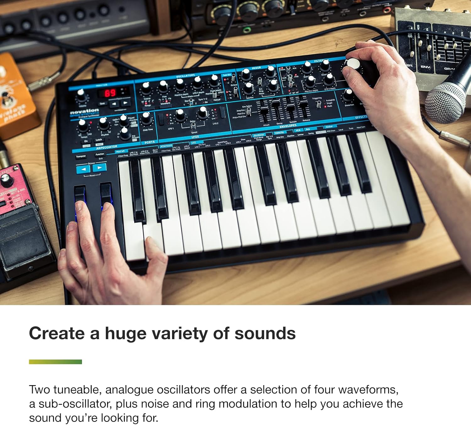 Novation Bass Station II Analog Monosynth – includes 64 factory patches, pattern-based step sequencer and arpeggiator, two oscillators plus an additional sub oscillator