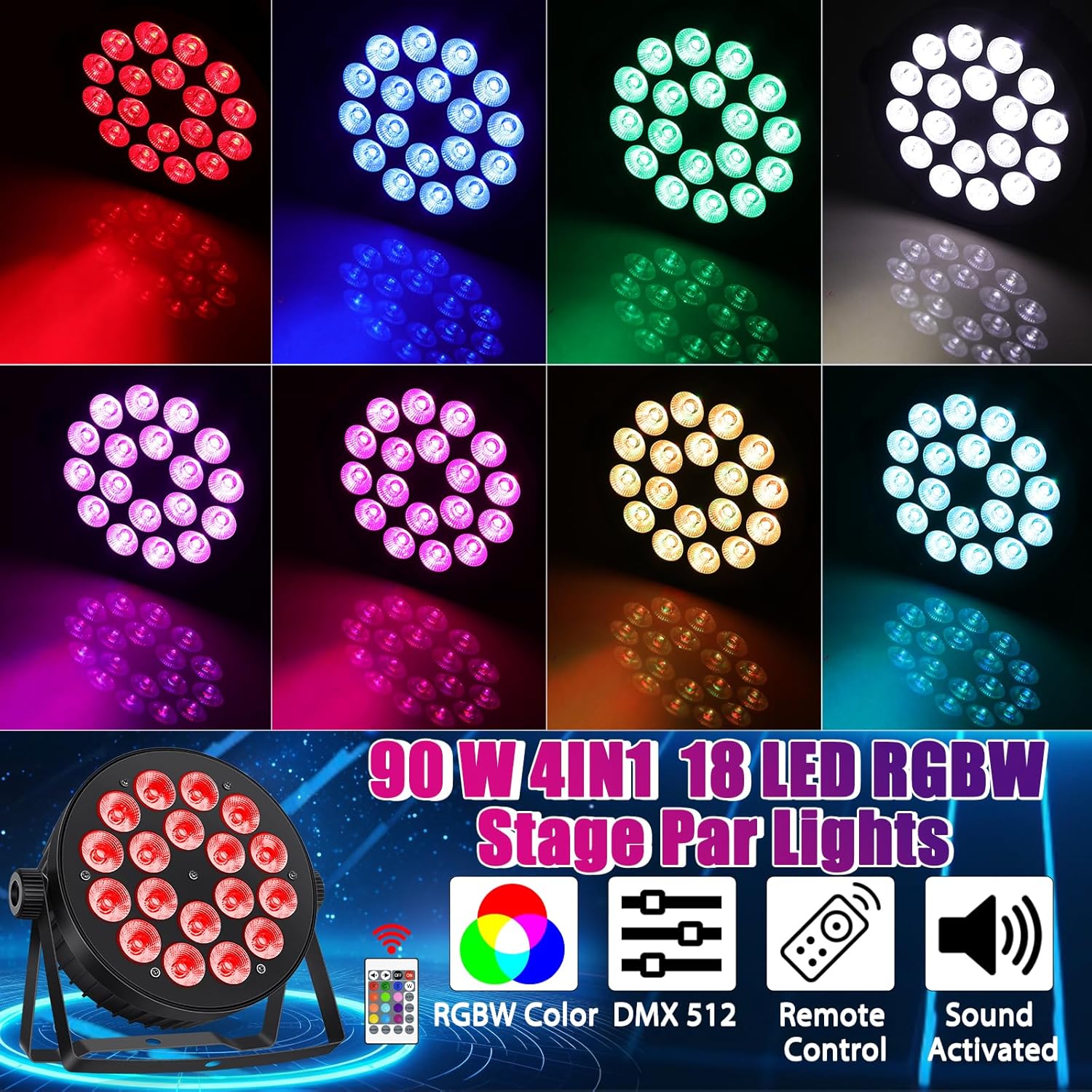LED Par Lights DMX,90W RGBW 4IN1 LED Stage Par Lights Stage DJ Par Can Light Sound Activated Auto Play by Remote&DMX Control for Events Wedding Party DJ Stage Live Show 2 Pack