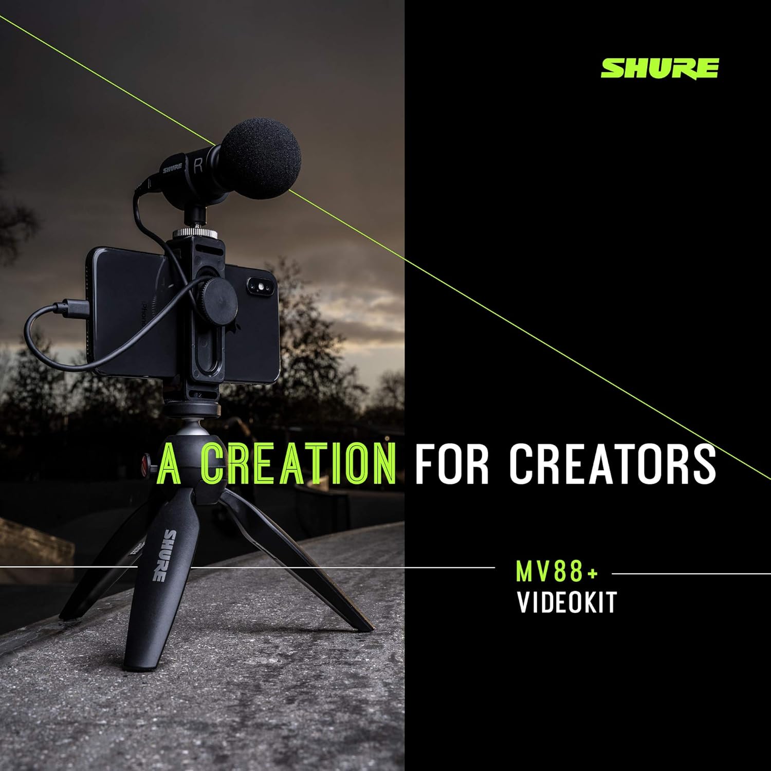Shure MV88+ Video Kit Digital Stereo Condenser Microphone for iPhone, Android, Mac & PC – Portable Recording Mic with DSP Controls, Headphone Monitoring & Tripod, Black