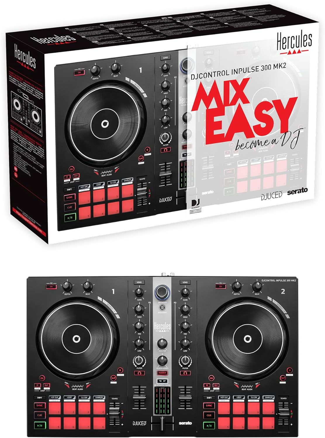 Hercules DJControl Inpulse 300 MK2 USB DJ Controller – Beginner DJ Set, 2-Deck Mixer with Built-In Sound Card, 16 Pads, Serato DJ Lite & DJUCED Software Included