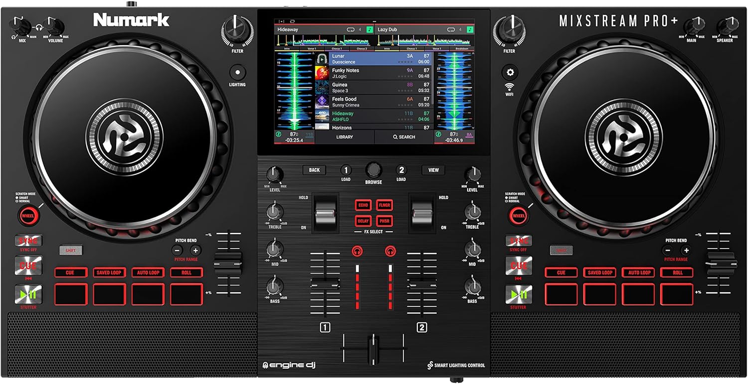 Numark Mixstream Pro+ DJ Controller with Stem Separation, 2 Decks, Wi-Fi Streaming, Mixer, 7 Touchscreen, Speakers, works with Serato and Virtual DJ