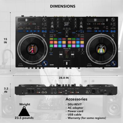 Pioneer DDJ-REV7 Scratch-Style 2-Channel Professional DJ Controller – Black Bundle with Laptop Stand, Headphones, and Austin Bazaar Polishing Cloth