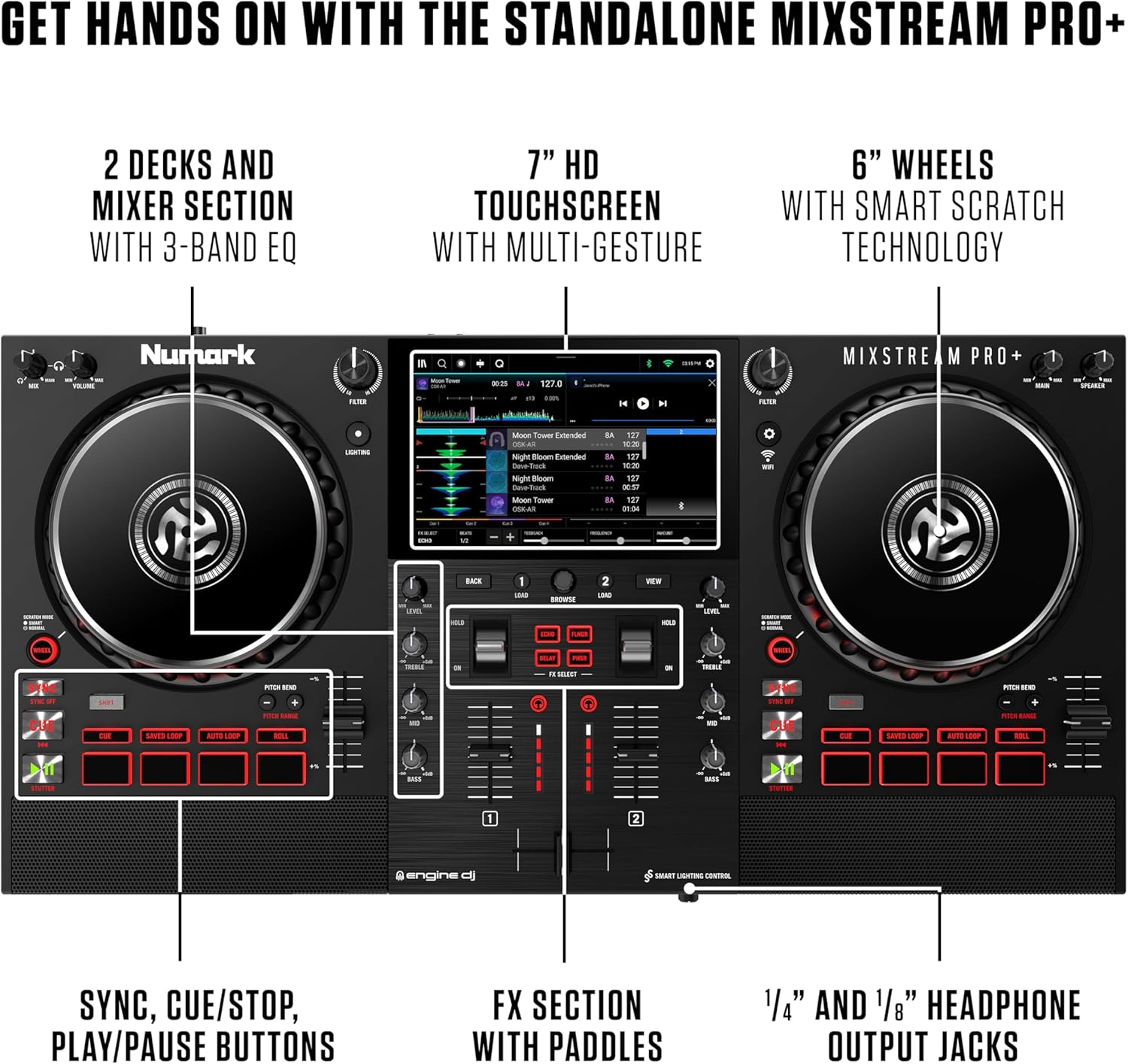 Numark Mixstream Pro+ DJ Controller with Stem Separation, 2 Decks, Wi-Fi Streaming, Mixer, 7 Touchscreen, Speakers, works with Serato and Virtual DJ