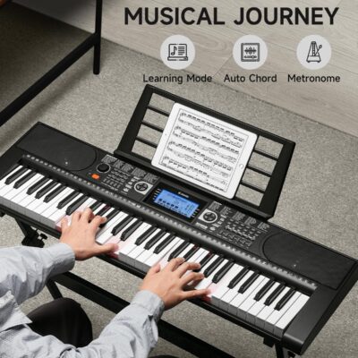 81hFy6fJboL. AC SL1500 Donner 61 Key Keyboard Piano, Electric Piano Keyboard Set with Lighted Keys, LCD Display, 300 Tones & 256 Rhythms, Z-Stand, Bench, Learning Modes, Complete Kit for Beginners, Black(DEK-630)