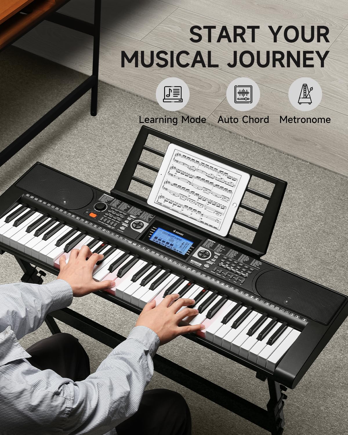 Donner 61 Key Keyboard Piano, Electric Piano Keyboard Set with Lighted Keys, LCD Display, 300 Tones & 256 Rhythms, Z-Stand, Bench, Learning Modes, Complete Kit for Beginners, Black(DEK-630)