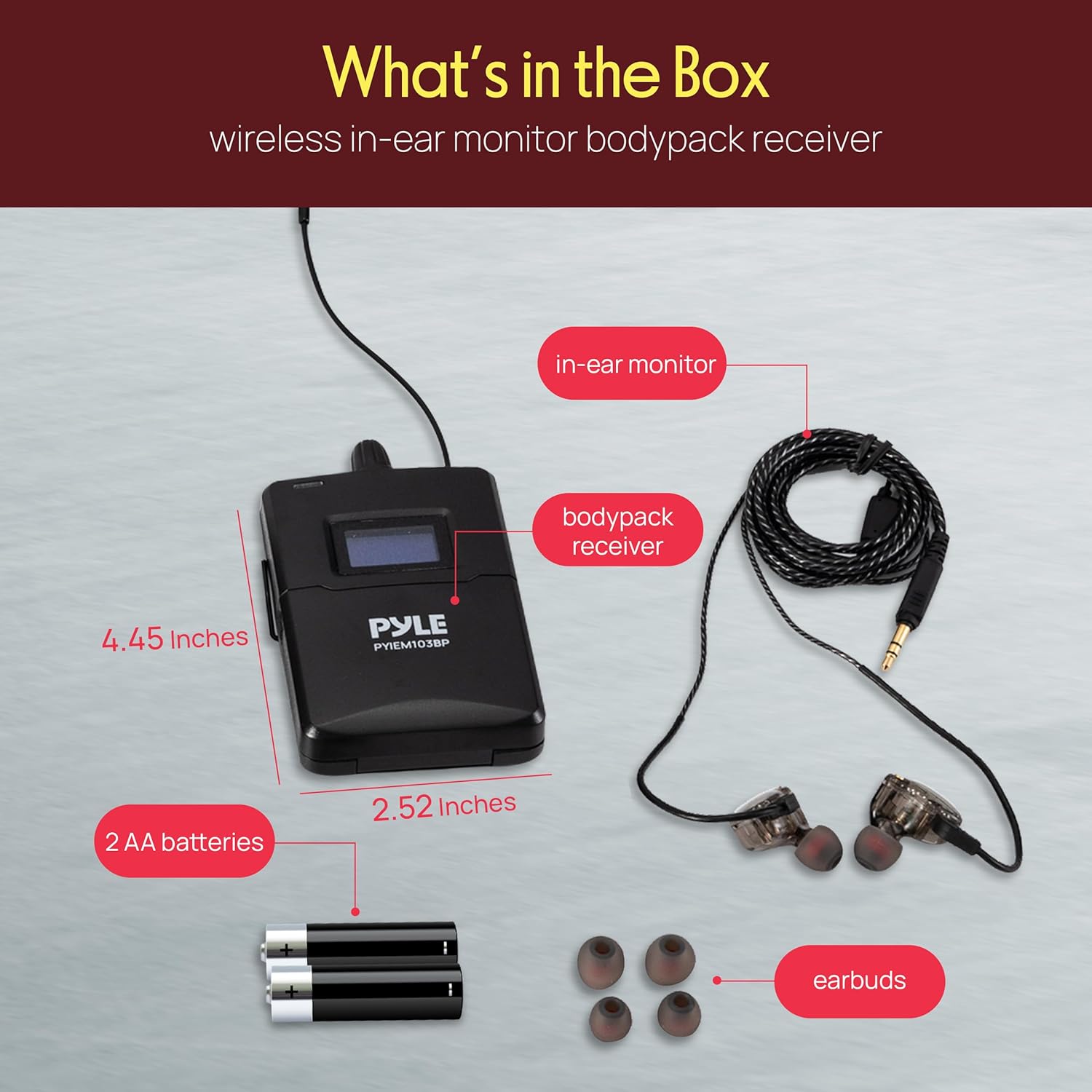 Pyle Wireless in-Ear Monitor Bodypack Receiver – IEM in Ear Monitor System with Dual Driver Earphones, 220 Frequencies, Stable Transmission, for Stage, Rehearsal, Studio – Compatible with PYIEM103