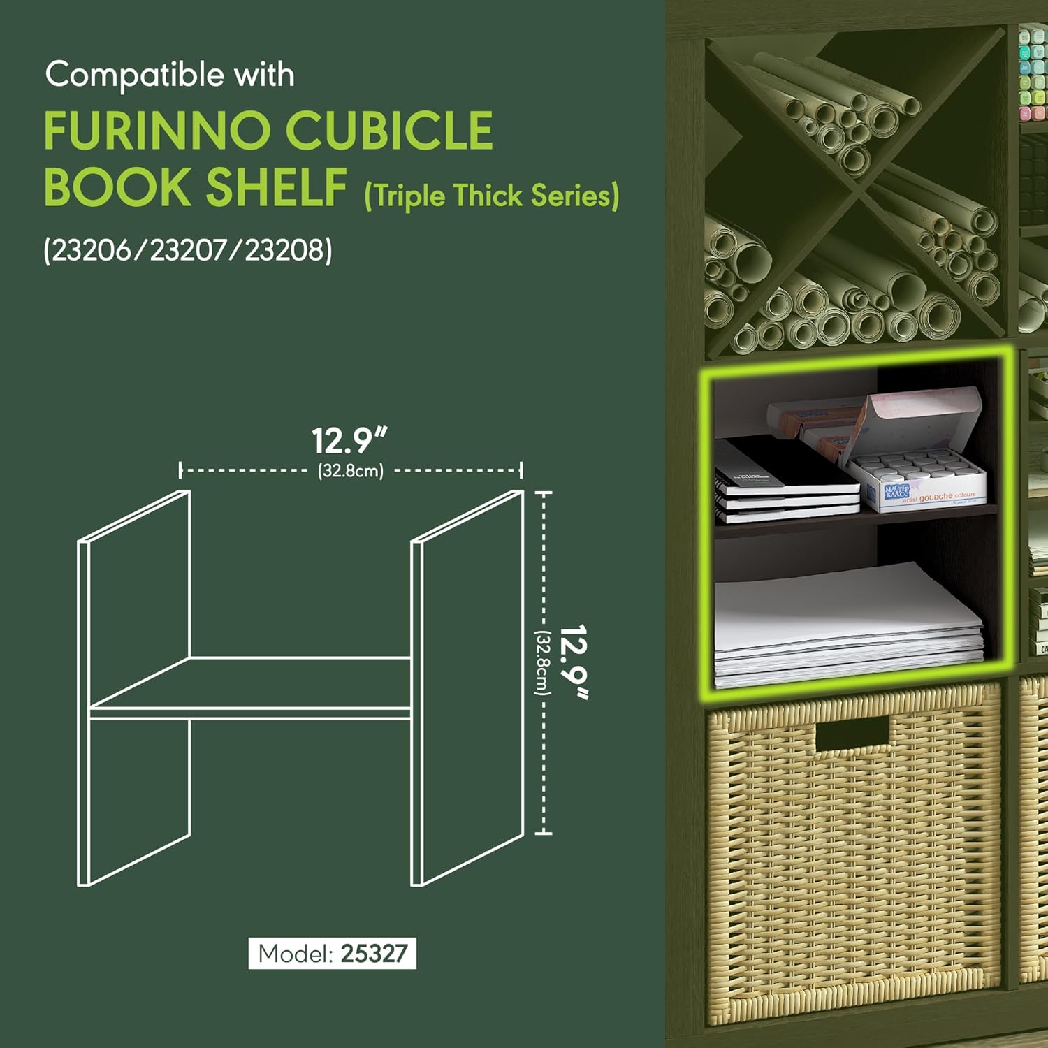Furinno Cubicle Cube Insert, H-Shelf Cube Organizer, 2-Tier Shelf Accessory, Fits into Furinno Triple Thick Cubes, IKEA Kallax, for Organizers and Storage, Black Dark Oak