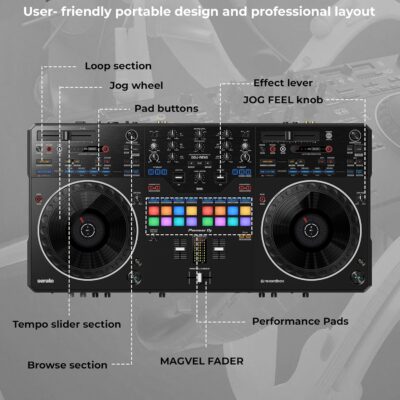 Pioneer DDJ-REV5 4-Deck DJ Controller – Black Bundle with Laptop Stand, Headphones, and Austin Bazaar Polishing Cloth