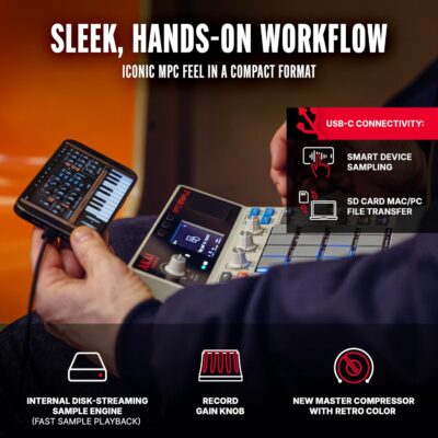 81oXFycJz8L. AC SL1500 Akai Professional MPC Sample Standalone Portable Sampler, Sequencer and Effects Processor, with Rechargeable Battery, USB-C, Built-in Speaker and Microphone