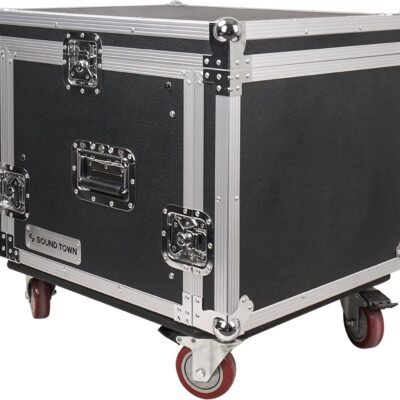 Sound Town Enhanced Thickness 1/2 (12mm) Plywood 8U Audio Rack/Road ATA Case with 11U Slant Mixer Top, 20 Rackable Depth, Casters, 8 Space Size, Pro Tour Grade (STMR-8UW)
