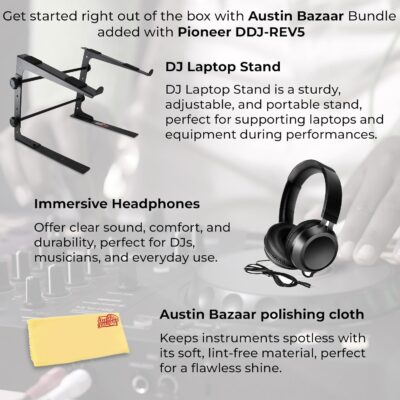 Pioneer DDJ-REV5 4-Deck DJ Controller – Black Bundle with Laptop Stand, Headphones, and Austin Bazaar Polishing Cloth