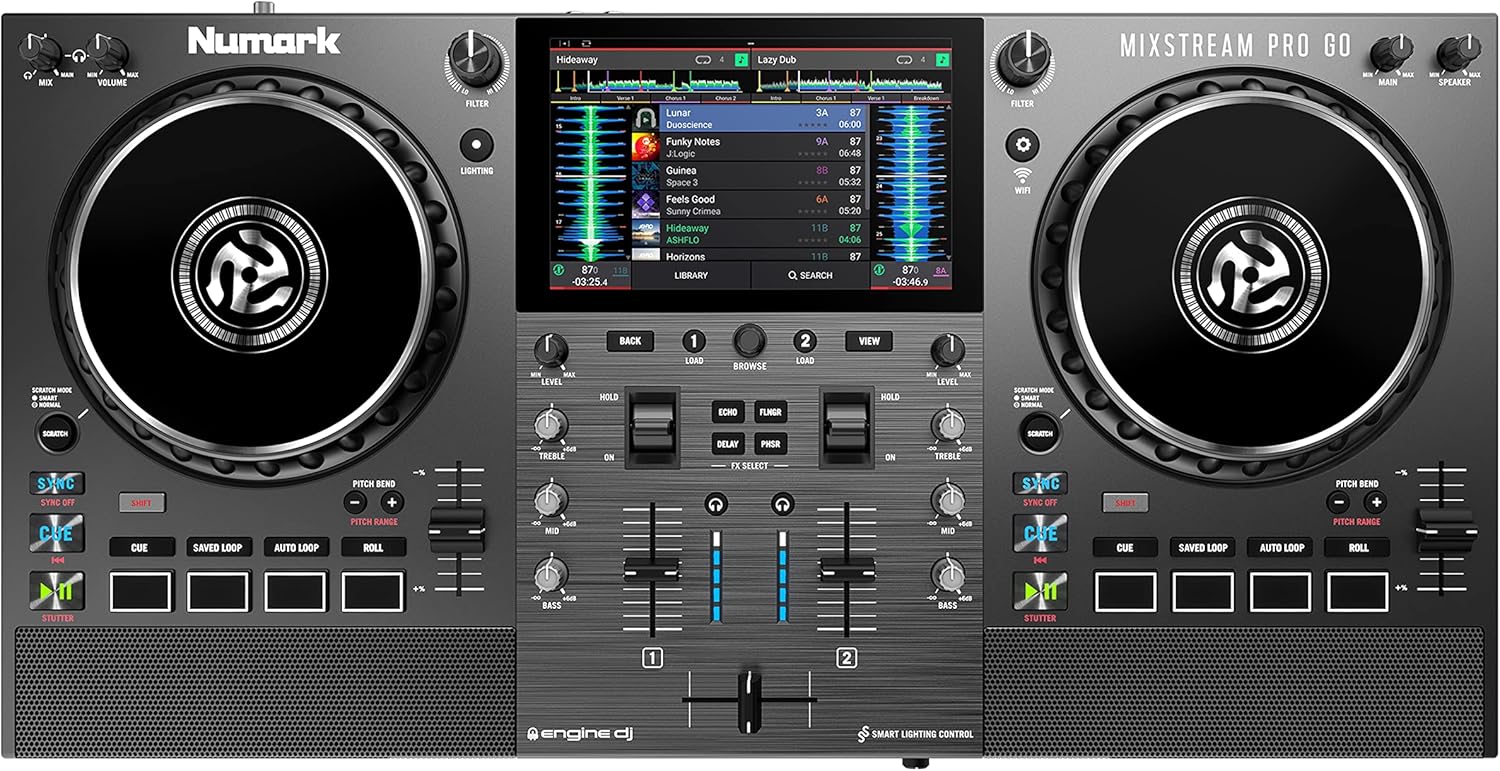 Numark Mixstream Pro Go Portable DJ Controller with Battery, Mixer with Stem Separation, Speakers, WiFi Streaming, Touchscreen, works with Serato DJ