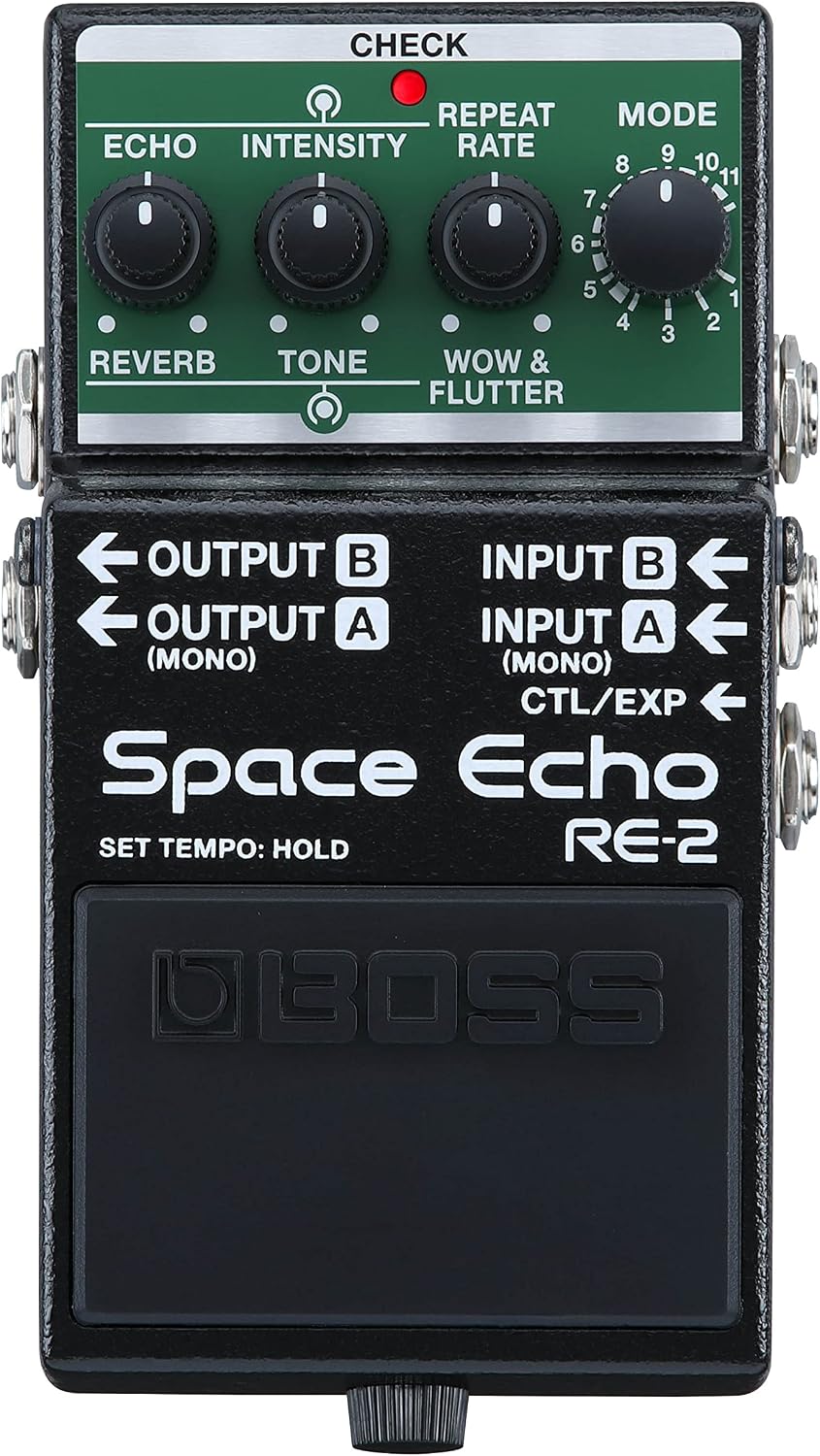 Boss RE-2 Space Echo Delay and Reverb Effects Bundle with Gearlux Power Supply, Instrument Cable, Patch Cable, and Picks