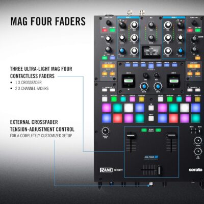 RANE DJ SEVENTY – Two Channel DJ Mixer for Serato DJ with Akai Professional MPC Performance Pads Internal DJ FX and Three Contactless MAG FOUR Faders