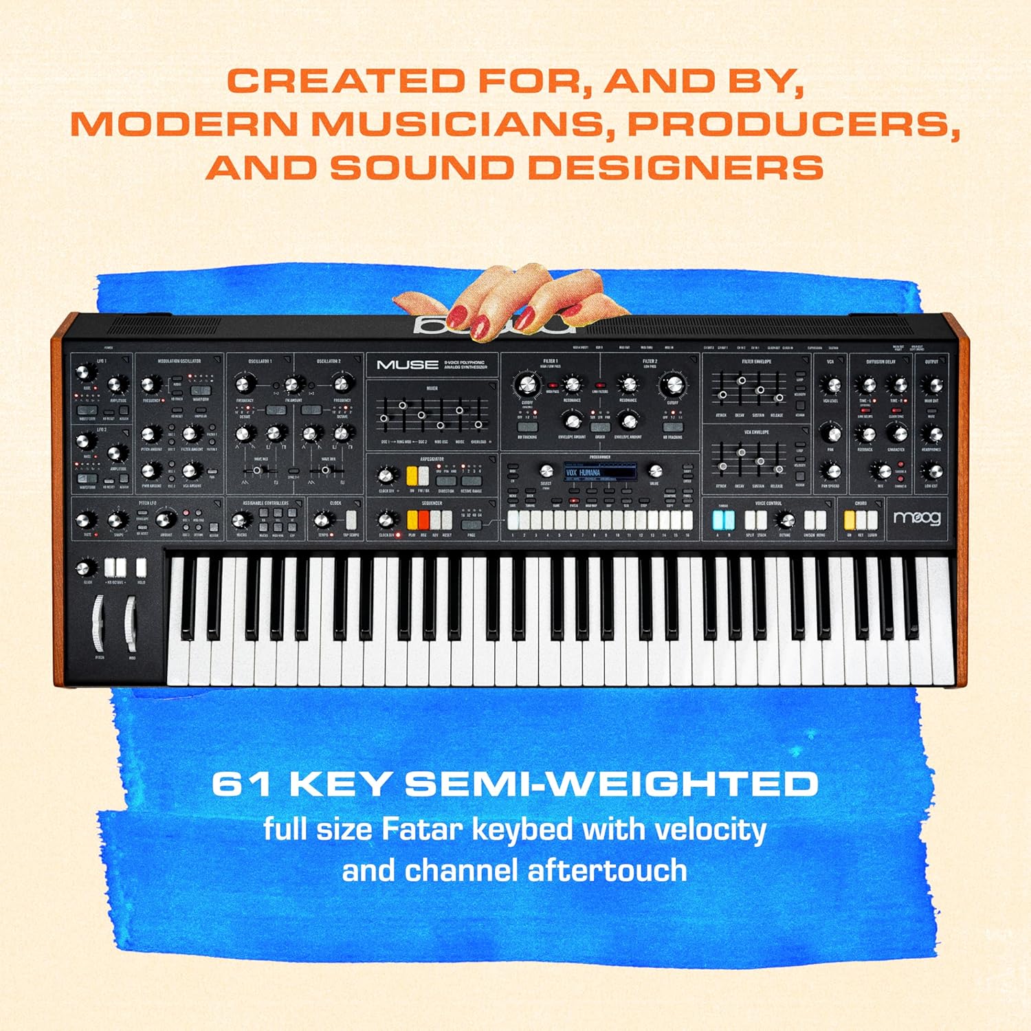 MOOG Muse – 8-Voice Analog Bi-Timbral Polyphonic Synthesizer with 61 Keys, 64-Step Sequencer, 256 Patches and Diffusion Delay