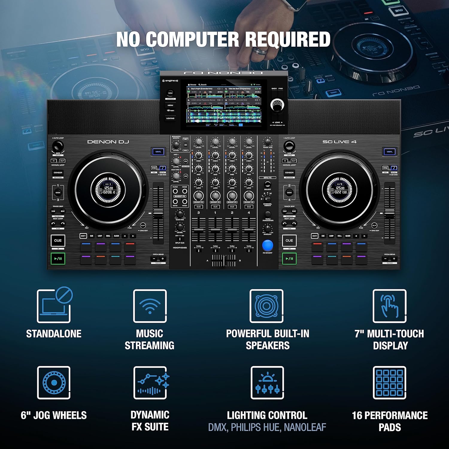 Denon DJ SC LIVE 4 Standalone DJ Controller with Stem Separation on 4-Decks, Wi-Fi Streaming, Build-in Speakers, Serato DJ and Virtual DJ Compatible