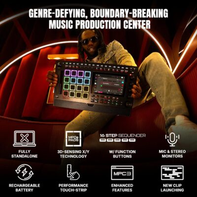 Akai Professional MPC Live III – Standalone Portable Music Production Center with MPCe Pads, Sequencer, Touchscreen, Mic, Stereo Monitors, Audio Interface, Wi-Fi, Bluetooth, Battery, Touchstrip