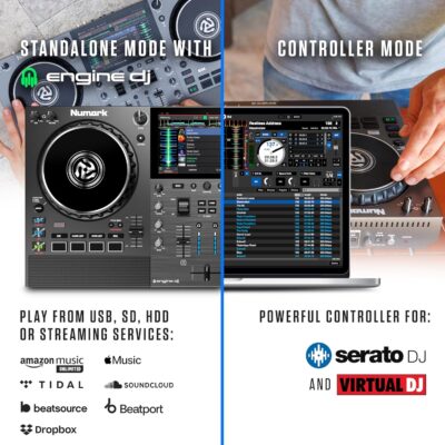 91xomxySbZL. AC SL1500 Numark Mixstream Pro Go Portable DJ Controller with Battery, Mixer with Stem Separation, Speakers, WiFi Streaming, Touchscreen, works with Serato DJ